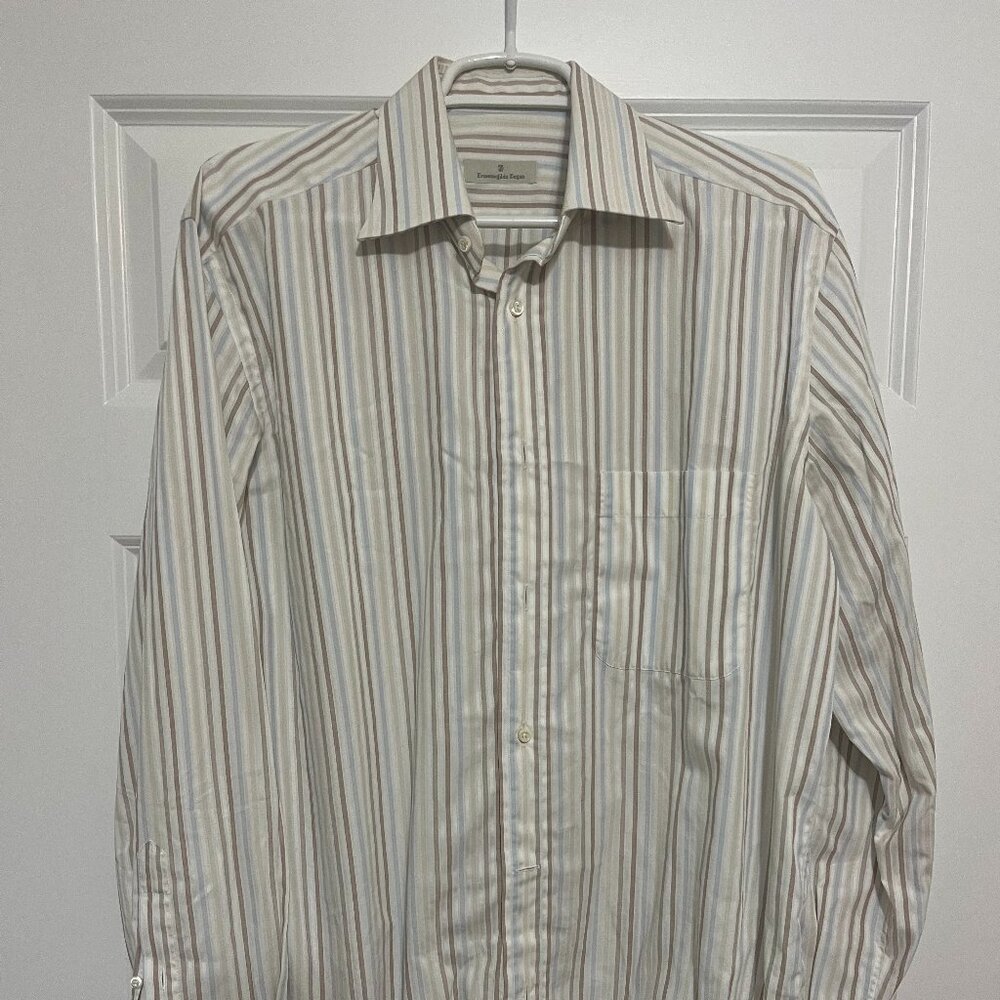 Ermenegildo Zegna shirt 16.5/42 x 34 Brown Yellow Blue Stripes